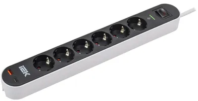 Фильтр сетевой IEK СФ-06К, 16 А, 6 розеток, USB A+C 20 Вт, 1.5 м