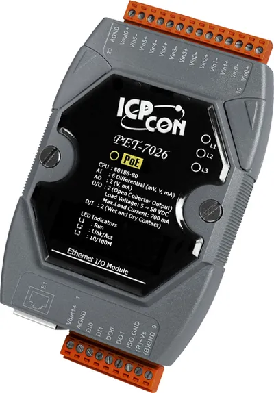 Модуль ввода/вывода ICP DAS PET-7026 CR, 6×AI, 2×AO, 2×DI, 2×DO, PoE