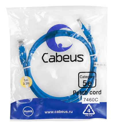 Патч-корд Cabeus PC-UTP-RJ45-Cat.5e-1m-BL-LSZH, U/UTP кат.5e, 2×RJ45, 1 м, синий