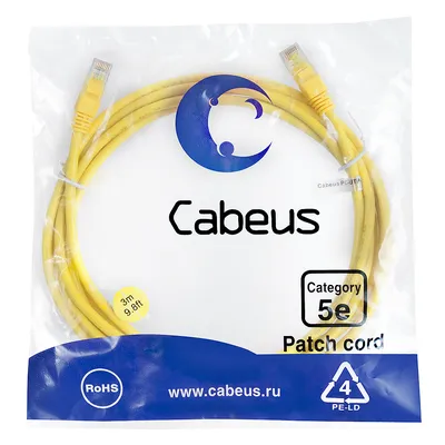 Патч-корд Cabeus PC-UTP-RJ45-Cat.5e-3m-YL-LSZH, U/UTP Cat.5e, 2xRJ45, LSZH, 3 м, желтый