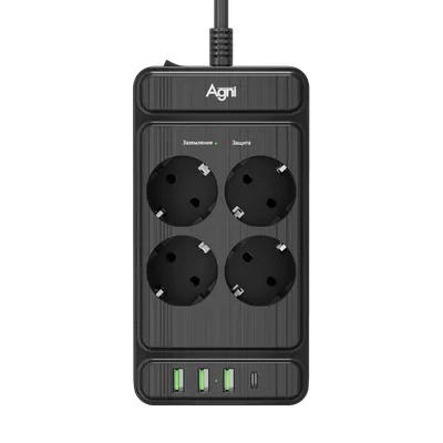Сетевой фильтр AGNI TP-FS4U4E-PD-5m-black, 4 розетки, 16А, 3×USB, Type-C