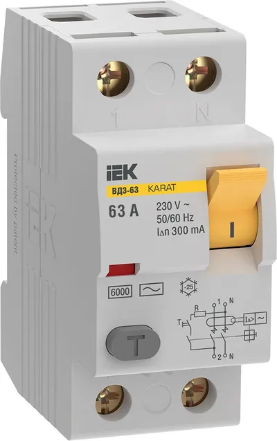 УЗО IEK KARAT ВД3-63 2P 63А 300мА 6кА тип AC, DIN-рейка
