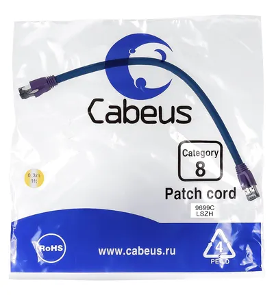 Патч-корд Cabeus PC-SSTP-RJ45-Cat.8-0.3m-LSZH, S/FTP, кат. 8, 2xRJ45, 0.3 м