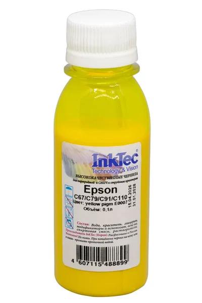 Чернила InkTec E0007-LY, для Epson, пигментные, желтый, 0.1л