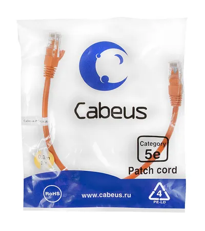 Патч-корд Cabeus PC-UTP-RJ45-Cat.5e-0.3m-OR, U/UTP, Cat.5e, 0.3м