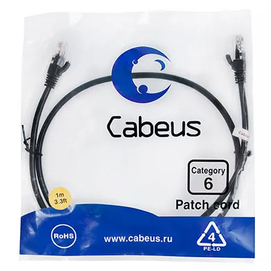Патч-корд Cabeus PC-UTP-RJ45-Cat.6-1m-BK, UTP, Cat.6, 1м, черный
