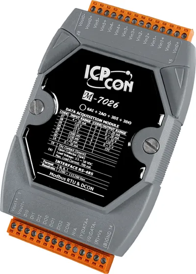 Модуль ICP DAS M-7026 CR, 6 AI + 2 AO + 3 DI + 3 DO, RS-485, Modbus RTU