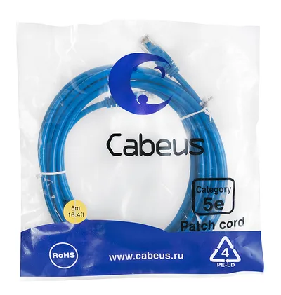 Патч-корд Cabeus PC-UTP-RJ45-Cat.5e-5m-BL-LSZH Патч-корд U/UTP, категория 5е, 2xRJ45/8p8c, неэкранированный, синий, LSZH, 5м