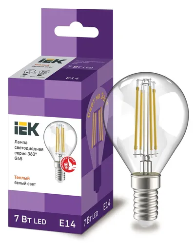 Лампа светодиодная IEK G45, 7 Вт, 230 В, 3000К, E14, прозрачная, 360°
