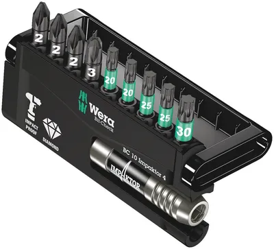 Набор бит WERA Bit-Check 10 Impaktor 4 WE-057417, 10 предметов, 1/4", PZ2/PZ3/T20/T25/T30
