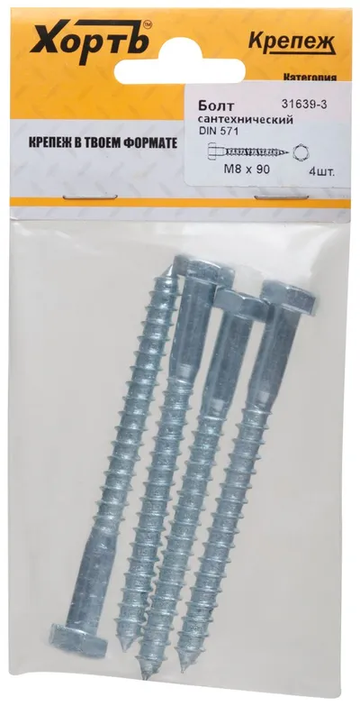 Шуруп FIT DIN571 31639-3, 8×90, сантехнический, шестигранная головка, 4шт