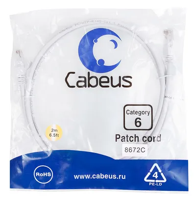Патч-корд Cabeus PC-UTP-RJ45-Cat.6-2m-WH, Cat.6, U/UTP, 2м, белый