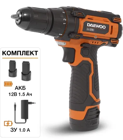 Дрель-шуруповёрт Daewoo DAA 1220Li, 12 В, 1.5 А·ч, 23 Н·м
