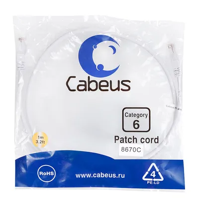 Патч-корд Cabeus PC-UTP-RJ45-Cat.6-1m-WH, U/UTP Cat.6, 2×RJ45, 1 м, белый