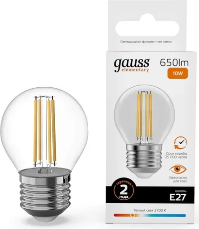 Лампа светодиодная GAUSS Filament 52210, E27, 10 Вт, 650 лм, 2700 К, 220 В