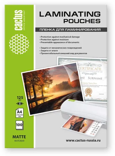Пленка для ламинирования Cactus CS-LPMА4125100, 125 мкм, A4, матовая, 100 шт