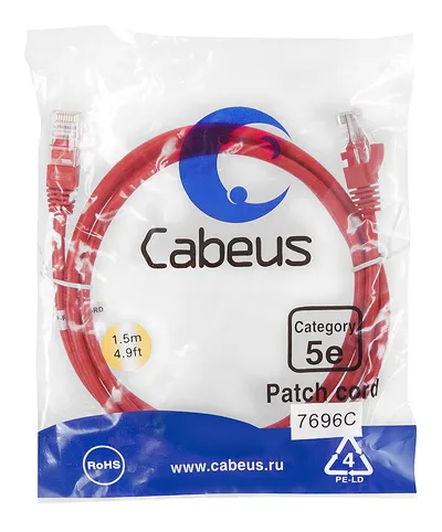 Патч-корд Cabeus PC-UTP-RJ45-Cat.5e-1.5m-RD, Cat.5e, U/UTP, красный, 1.5м