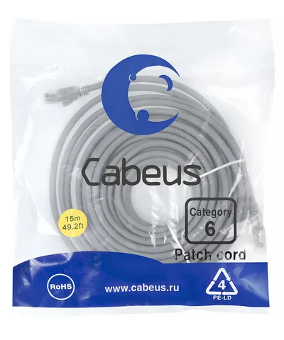 Патч-корд Cabeus PC-UTP-RJ45-Cat.6-15m-LSZH, Cat.6, 15м, серый