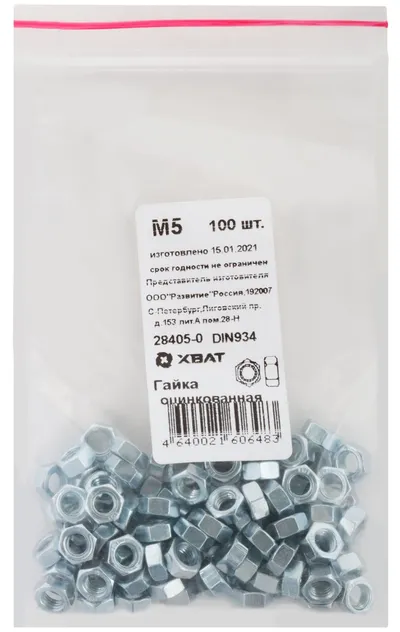 Гайка FIT 28405-0, DIN934, М5, шестигранная, оцинкованная, 100шт