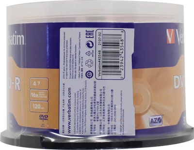 Диск DVD-R Verbatim 43548, 4.7 ГБ, 16x, 50 шт на шпинделе