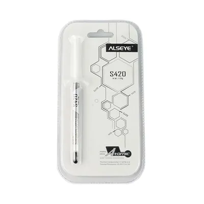 Термопаста ALSEYE S420 Color: Grey Thermal Conductivity: ＞1.36 Thermal Impedance: <0.229Specific Gravity:>2 Viscosity: 1000 Thixotropic Index: 350±10 MomentBeared Temperature： -50-340℃ Operation Temperture: -30-300℃;silicon conpounds:35%;carbon conpounds:35%;