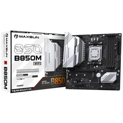 Материнская плата Maxsun Terminator B850M WIFI, AM5, AMD B850, 4xDDR5, 4xSATA, 2xM.2, 1xPCIe 4.0 x16, 1xPCIe 3.0 x4, 1xPCIe 3.0 x1, 1xDP, 1xHDMI, 1x2.5Gb LAN, Wi-Fi 6, Bluetooth 5.2, 1xUSB-C 10Gbps, 4xUSB-A 5Gbps, 4xUSB-A 2.0, 1xS/PDIF, 6x3.5 мм, 7.1, mATX