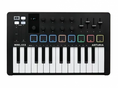 MIDI клавиатура [231502] Arturia [MiniLAB 3 Black Edition] 25 клавиш, 8 энкодеров, 8 RGB пэдов, 8 фейдеров, дисплей, сенсорные регуляторы Pitch/Modulation, MIDI-выход, 1/4" Jack вход педали, режим Chord, арпеджиатор, USB-C