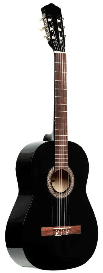 Классическая гитара STAGG [SCL50 BLK] полноразмерная 4/4, верхняя дека липа, нижняя дека и обечайка липа, мензура 646 мм, гриф нато, накладка грифа пау ферро, бридж пау ферро, колки классические, никелированные, цвет черный глянцевый