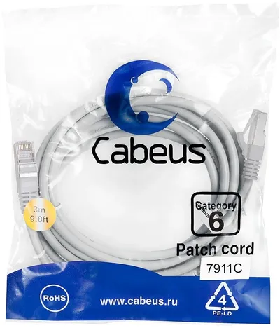 Патч-корд F/UTP, категория 6, 2xRJ45/8p8c, экранированный, серый, LSZH, 3м Cabeus PC-FTP-RJ45-Cat.6-3m-LSZH Патч-корд F/UTP, категория 6, 2xRJ45/8p8c, экранированный, серый, LSZH, 3м