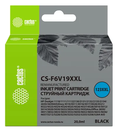 Картридж струйный Cactus CS-F6V19XXL №123XL, чёрный, 20 мл, 1000 стр., для HP DeskJet
