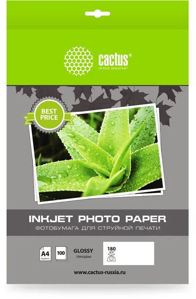 Фотобумага Cactus CS-GA4180100ED, A4, 180 г/м², глянцевая, 100 листов