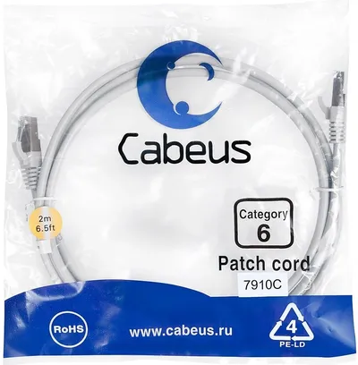 Патч корд Cabeus PC-FTP-RJ45-Cat.6-2m-LSZH Патч-корд F/UTP, категория 6, 2xRJ45/8p8c, экранированный, серый, LSZH, 2м