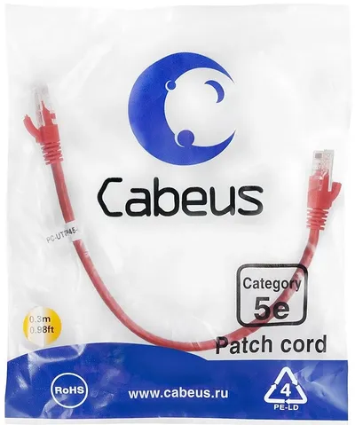 Патч-корд Cabeus PC-UTP-RJ45-Cat.5e-0.3m-RD, U/UTP, Cat.5e, 0.3 м, красный