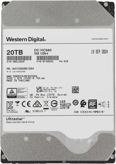 Жесткий диск WD 0F38652, SAS 3.0, 20TB, 3.5", 7200rpm