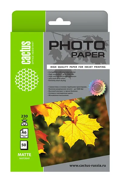 Фотобумага Cactus CS-MA623050, 10×15 см, 230 г/м², матовая, 50 л.