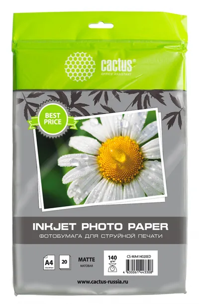 Cactus CS-MA414020ED Фотобумага A4, 140г/м2, 20л, для струйной печати, белый, покрытие матовое