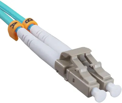 Патч-корд оптический Cabeus Tight Buffer, Duplex LC/LC, OM3 50/125, LSZH, 1м, d= 3мм, серый хвостовик, аква