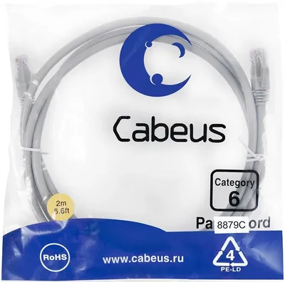 Патч-корд Cabeus PC-UTP-RJ45-Cat.6-2m-LSZH Патч-корд U/UTP, категория 6, 2xRJ45/8p8c, неэкранированный, серый, LSZH, 2м
