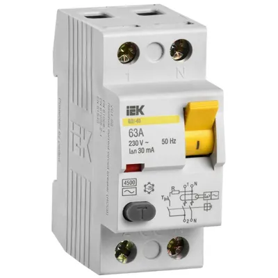 УЗО iEK MDV10-2-063-030 (ВД1-63), 2П, 63 А, 30 мА, тип AC, 230 В, 2 модуля
