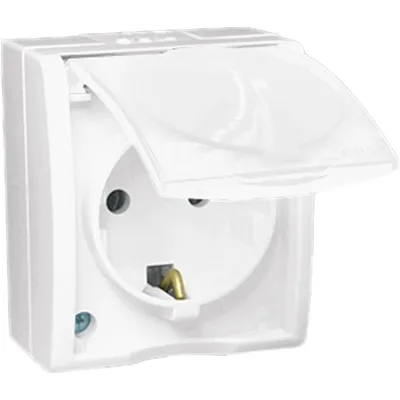 Розетка Simon 1594445-030, 1-мест., 16А, IP54, с заземлением, с крышкой, белый