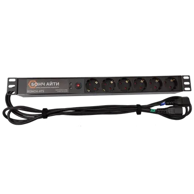 Блок розеток Bonch BONCH-ATS/PDU 8A-6S-C14/C14 с АВР, 1U, 8 А, 6×Schuko
