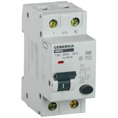 АВДТ IEK GENERICA MAD25-5-040-C-30, 40 А, 30 мА, тип AC, 1+N, хар. C, 2 модуля