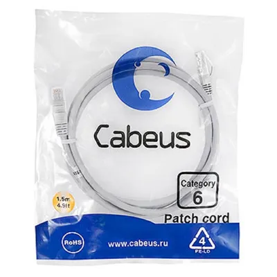 Патч-корд Cabeus PC-UTP-RJ45-Cat.6-1.5m, U/UTP, кат. 6, 2×RJ45, 1.5 м, серый