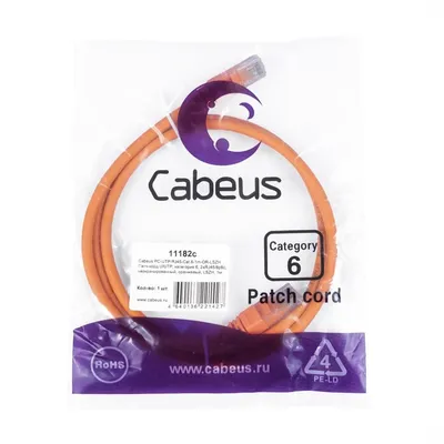 Патч-корд Cabeus PC-UTP-RJ45-Cat.6-1m-OR-LSZH, U/UTP Cat.6, 2×RJ45, 1 м, оранжевый
