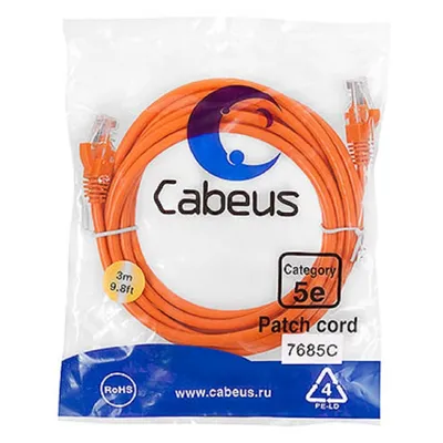 Патч-корд Cabeus PC-UTP-RJ45-Cat.5e-3m-OR-LSZH, U/UTP, Cat.5e, LSZH, 3м