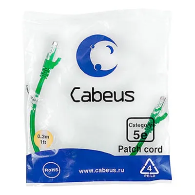 Патч-корд Cabeus PC-UTP-RJ45-Cat.5e-0.3m-GN, Cat.5e, U/UTP, 0.3м, зелёный