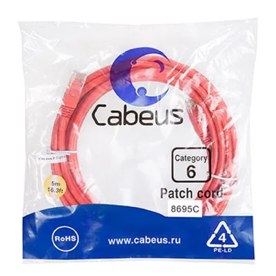 Патч-корд Cabeus PC-UTP-RJ45-Cat.6-5m-RD, U/UTP Cat.6, 2×RJ45, 5 м, красный