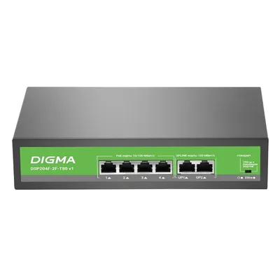 Коммутатор DIGMA DSP204F-2F-T80 V1, L2, 6×100Мбит/с, 4×PoE/PoE+, 80W, неуправляемый