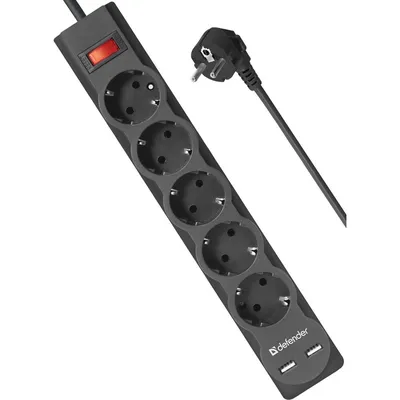 Сетевой фильтр DEFENDER DFS 753, 5 розеток, 2xUSB 2.1 А, 3 м, 10 А