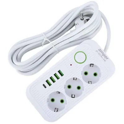 Удлинитель сетевой Amper JH-1074U-4W, 4 м, 3 розетки, 4×USB + Type-C, 10 А, 2500 Вт